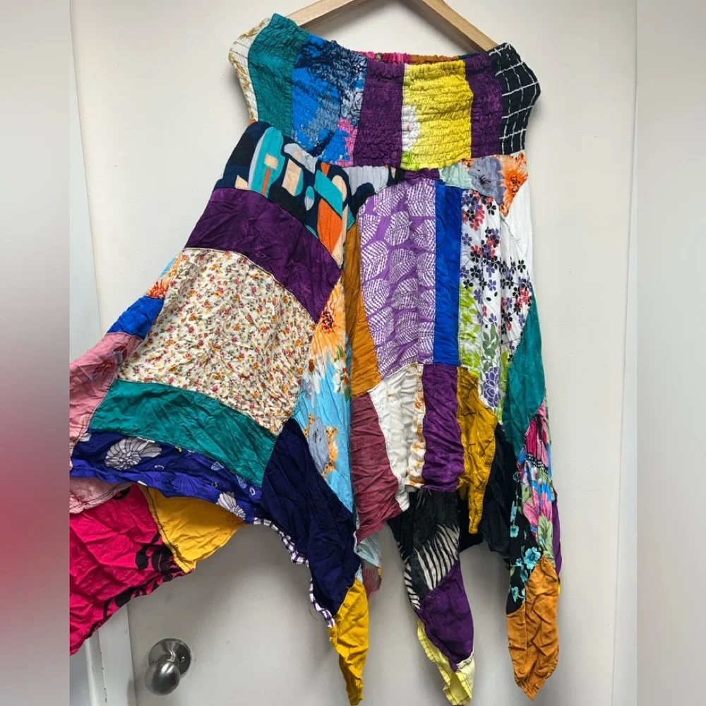 Unique Boho Patchwork Handkerchief Skirt Colorful Hippie Tie Waist - Picture 2 of 8